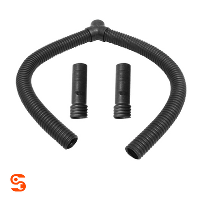 Black corrugated Y-hose assembly with two short hose accessories on a white background