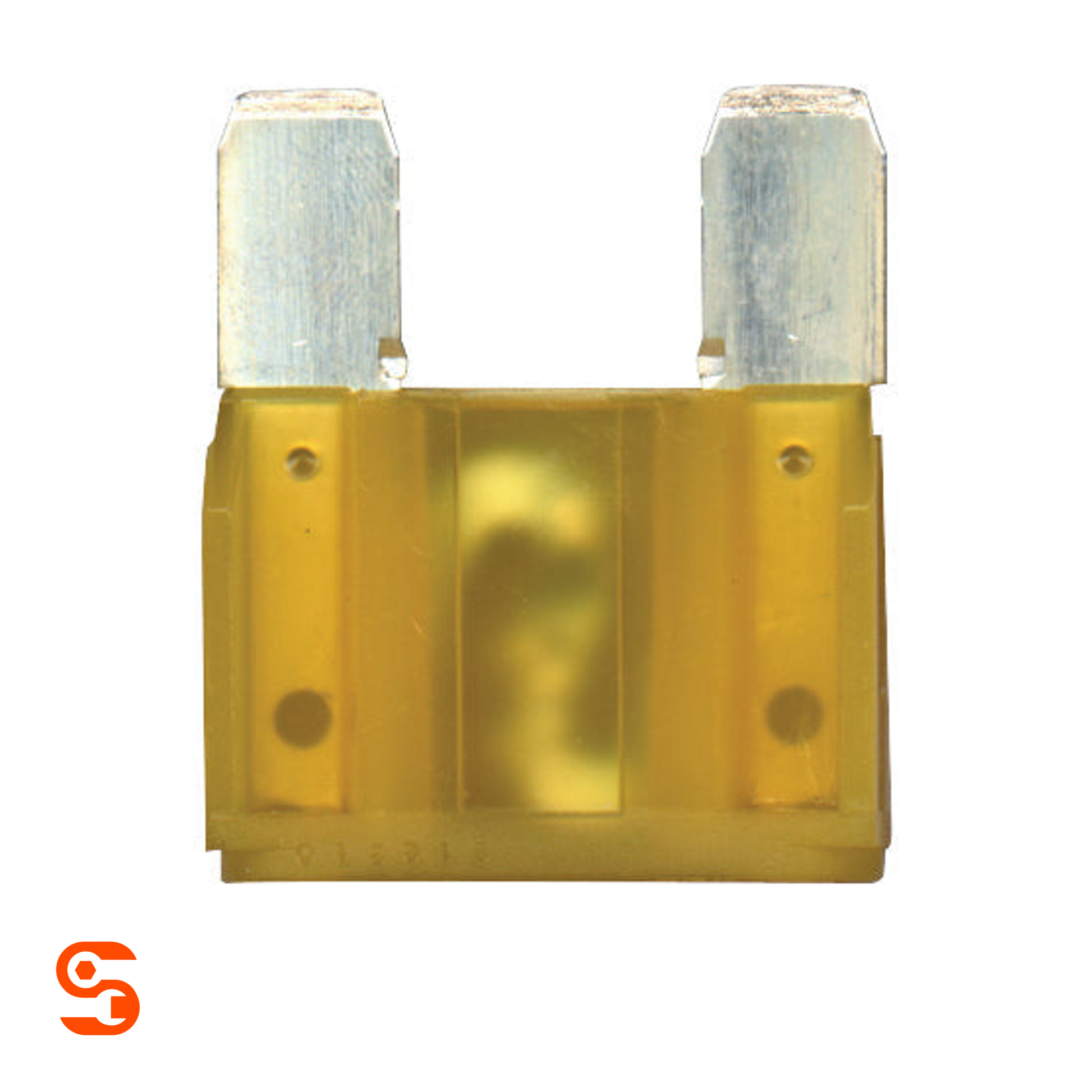 Yellow 70 amp maxi blade automotive fuse with translucent plastic body and two metal prongs