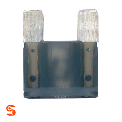 Grey 25 amp maxi blade automotive fuse with translucent plastic body and two metal prongs