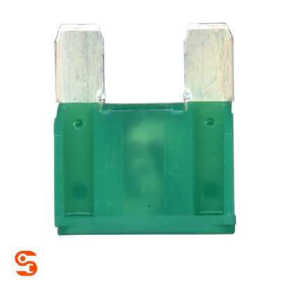 Green 30 amp maxi blade automotive fuse with translucent plastic body and two metal prongs