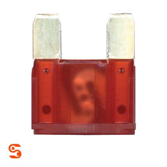 Red 50 amp MAXI blade automotive fuse with translucent plastic body and two metal prongs
