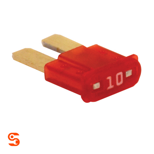 Red 10 amp MICRO2 blade automotive fuse with translucent plastic body and two metal prongs