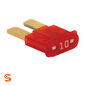 Red 10 amp MICRO2 blade automotive fuse with translucent plastic body and two metal prongs