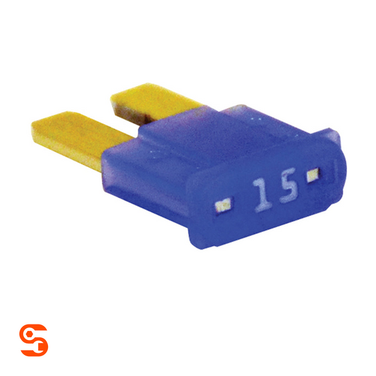 Blue 15 amp MICRO2 automotive blade fuse with two gold metal prongs on a white background