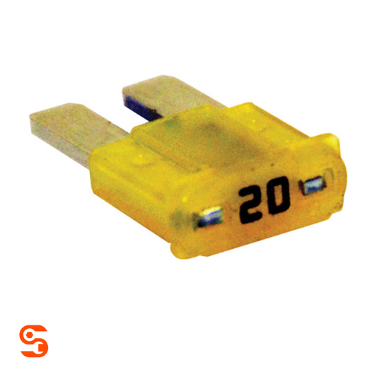 Yellow 20 amp MICRO2 blade automotive fuse with translucent plastic body and two metal prongs