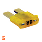 Yellow 20 amp MICRO2 blade automotive fuse with translucent plastic body and two metal prongs
