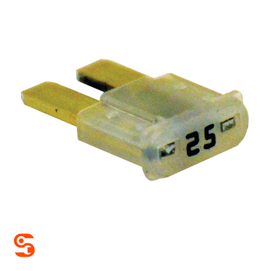 Clear 25 amp MICRO2 automotive blade fuse with two metal prongs and black amp marking