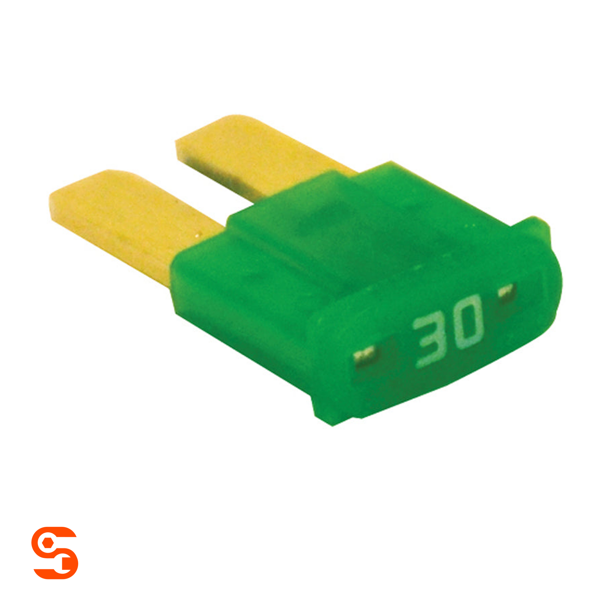 Green 30 amp MICRO2 automotive blade fuse with two metal prongs on a white background