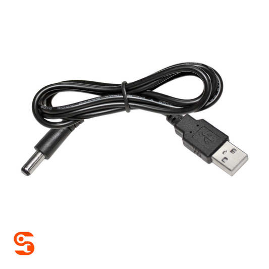 Black 3.3 ft USB cable with USB-A plug, barrel connector, and coiled rubber cord