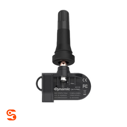 Black DVT-Pro dual band TPMS sensor with rubber valve stem and visible metal connector