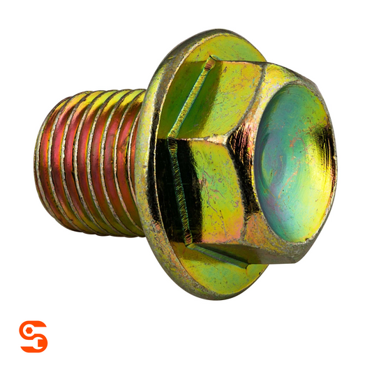 Gold-tone flanged hex oil drain plug with threaded shaft and rounded end