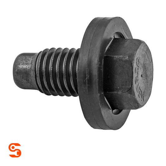 Black hex oil drain plug with molded gasket, threaded shaft, and pilot point end