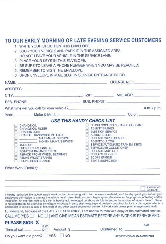 Early Bird Vehicle Service Envelope Forms | Qty: Box of 100
