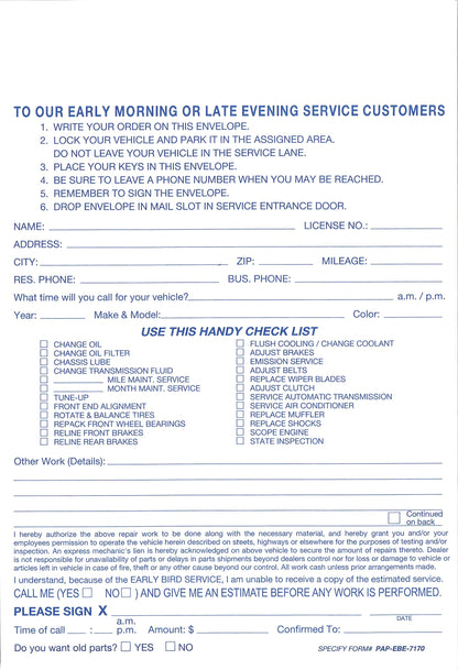 Early Bird Vehicle Service Envelope Forms | Qty: Box of 100
