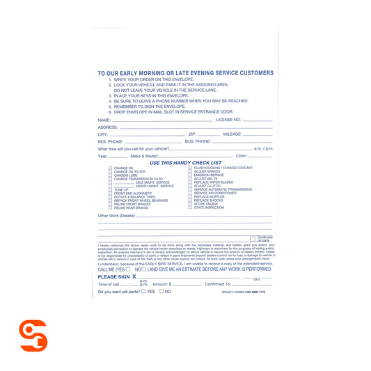 Early bird vehicle service envelope form printed in blue ink with checklists, contact fields, and signature lines