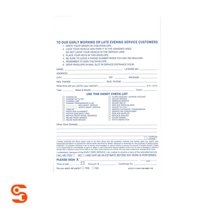 Early bird vehicle service envelope form printed in blue ink with checklists, contact fields, and signature lines