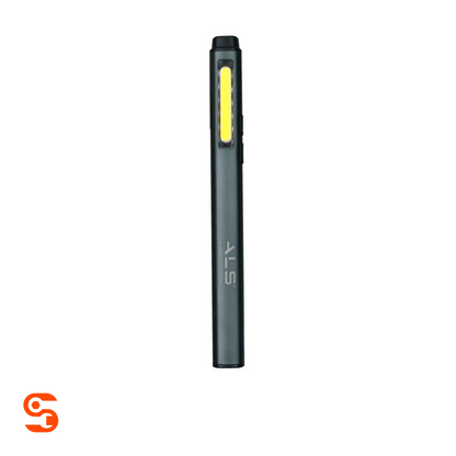 Black pen light with yellow LED strip, side clip and printed ALS logo on a white background