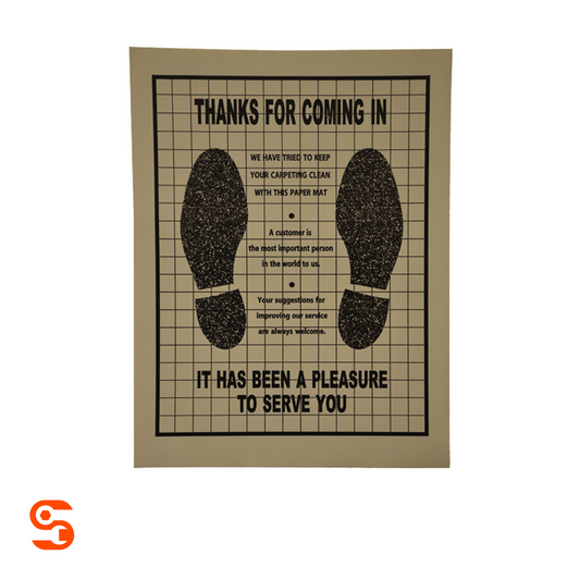 Tan disposable paper floor mat with black shoe prints, grid design, and service message, box of 500