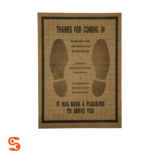 Brown disposable paper floor mat with printed thank-you message, shoe prints, and grid pattern, box of 500