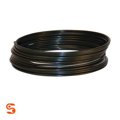 Black PVF coated brake line tubing coil, 25 ft length, shown wound in a circular roll