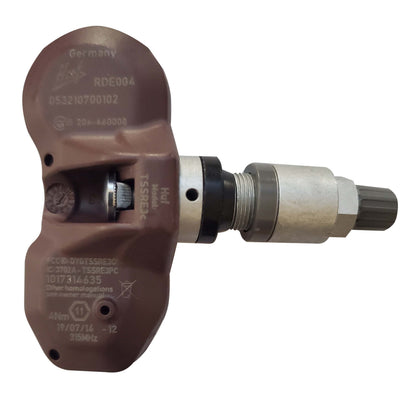 Silver metal HUF RDE004V21 OE TPMS sensor, 315 MHz, with included valve stem