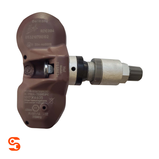 Silver metal HUF TPMS sensor with brown housing, valve stem, threaded collar, and black cap