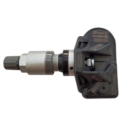 Silver HUF RDE036V21 OE TPMS sensor, 433 MHz, with metal valve stem