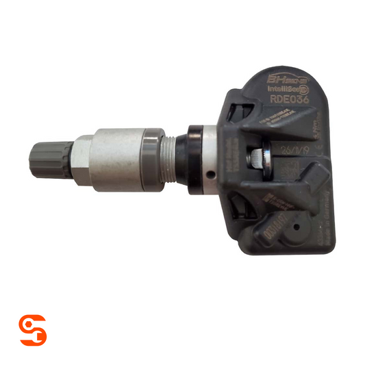 Black HUF TPMS sensor with silver metal valve stem and dark grey cap on white background