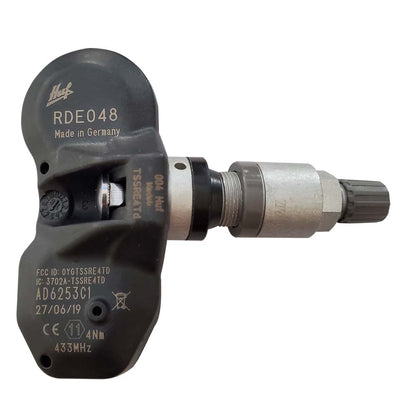 Silver HUF RDE048V21 OE TPMS sensor, 433 MHz, with metal valve stem