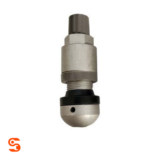 Silver TPMS snap-in valve stem with black rubber base and grey cap, single replacement part