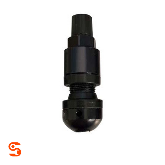 Black snap-in TPMS valve stem replacement with threaded base and cap visible