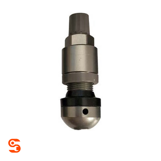 Titanium TPMS valve stem with metal body, threaded section, black base, and snap-in end