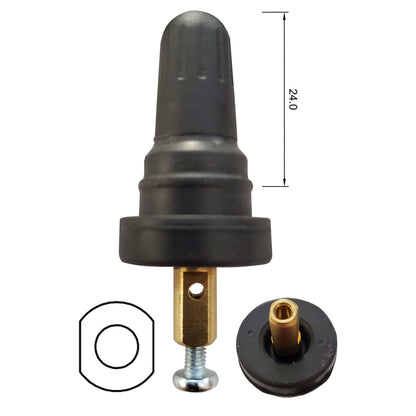 Black rubber snap-in short-stem TPMS valve, Schrader-style, 0.960 in stem height, part TPMS-108