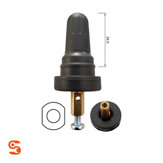 Black rubber snap-in TPMS valve kit with brass stem, screw, dimension marking, and valve cross-section diagram