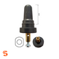 Black rubber snap-in TPMS valve kit with brass stem, screw, dimension marking, and valve cross-section diagram