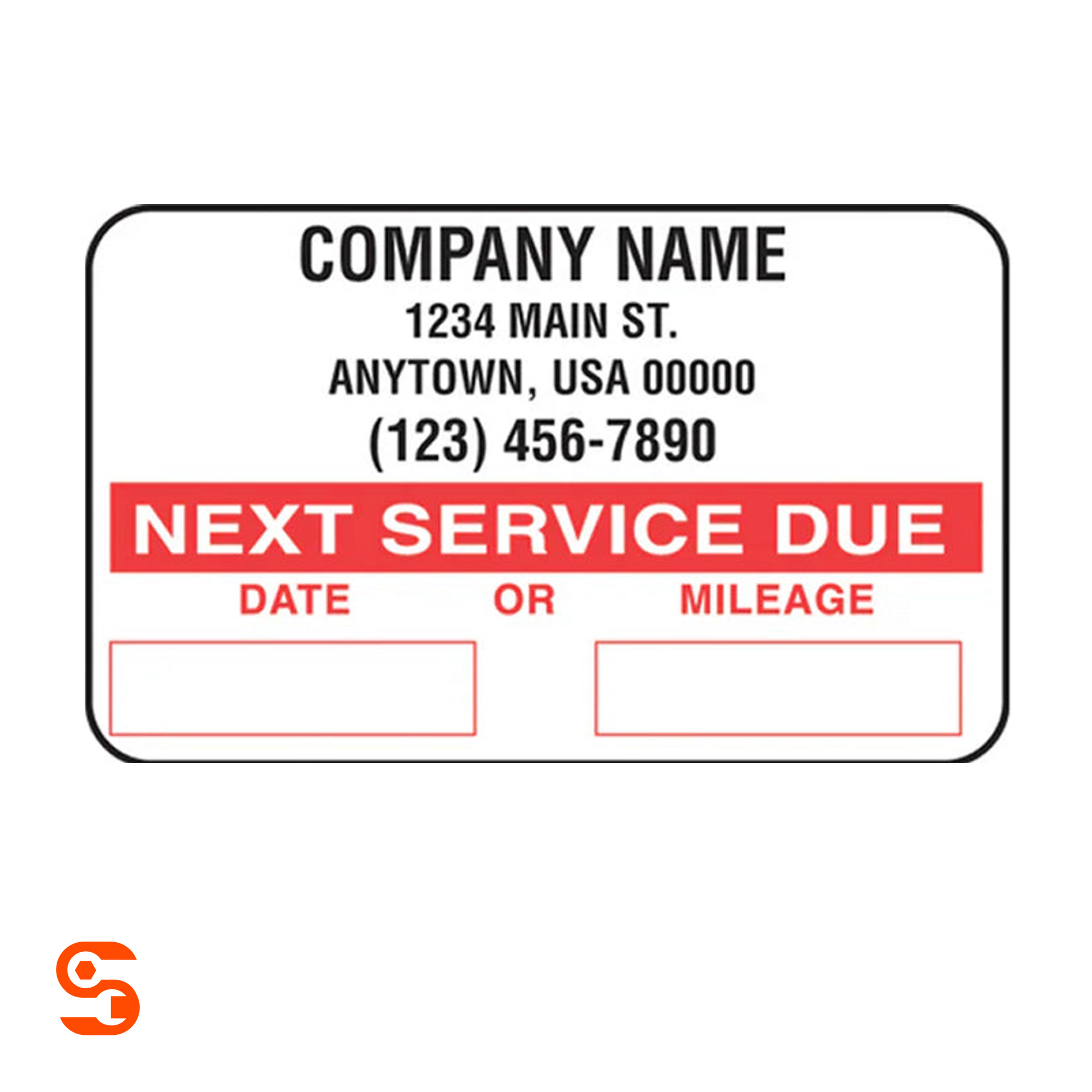 White and red vehicle next service due reminder sticker with date and mileage boxes
