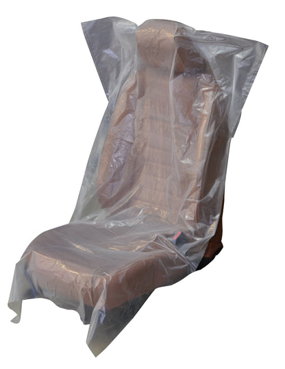 31.5” W x 52” L Clear PE Plastic Premium Disposable Seat Covers | Thickness: 1.0 Mil | Qty: Roll of 200