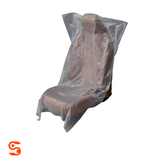 Clear disposable plastic seat cover draped over a brown vehicle seat, single cover visible