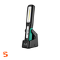 Black articulating work light with charging base, teal handle panel, and vertical LED strip