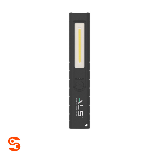 Black ultra-thin slim work light with vertical LED strip and ALS branding on white background