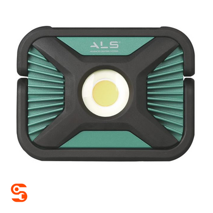 Heavy-duty black and teal rectangular spot light with ribbed side panels and round central LED