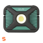 Heavy-duty black and teal rectangular spot light with ribbed side panels and round central LED