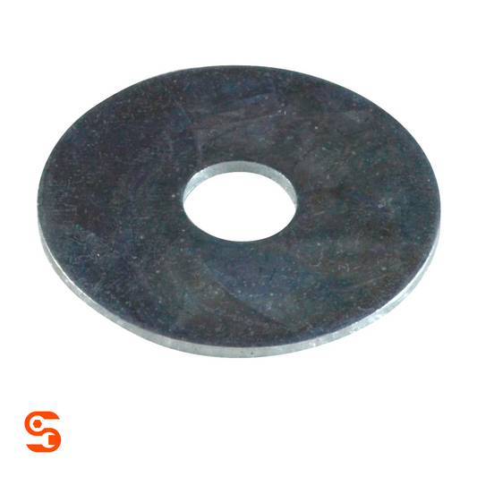 Single dark metal fender washer with central hole and flat round shape on white background