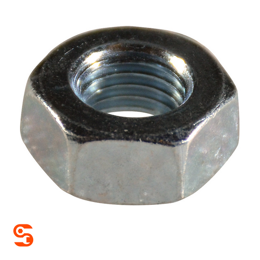 Silver metric grade 8 hex nut with 10mm internal threading, single metal fastener