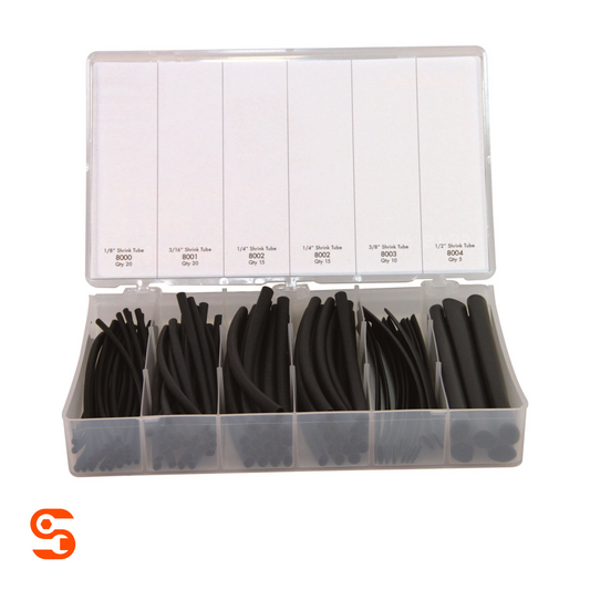 Black shrink tubing assortment in clear divided storage case with labeled sizes, 85 pieces