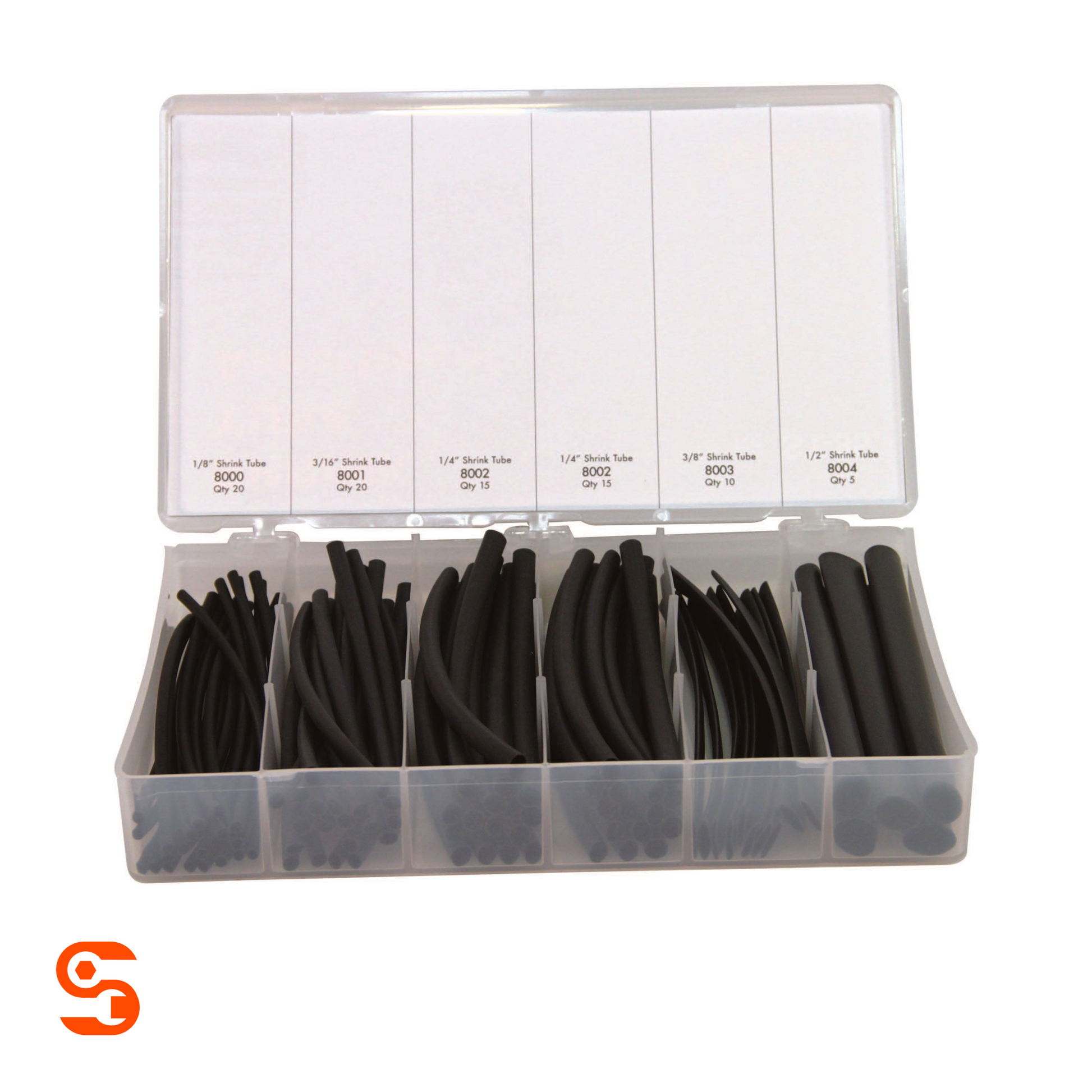 Black shrink tubing assortment in clear divided storage case with labeled sizes, 85 pieces