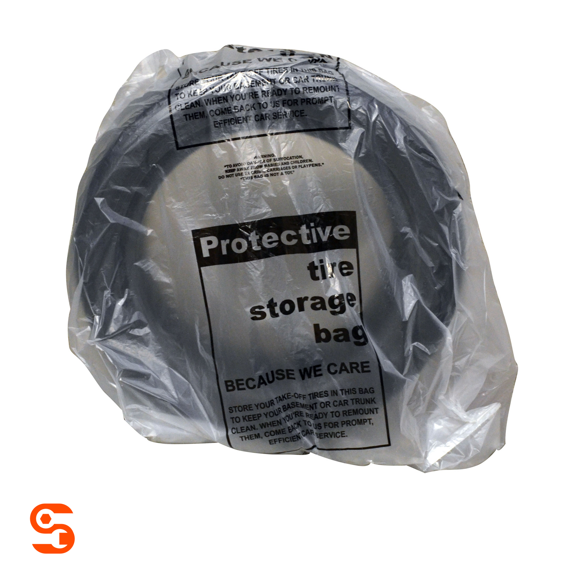 Clear polyethylene tire storage bag wrapped around a tire with black printed text, roll of 100