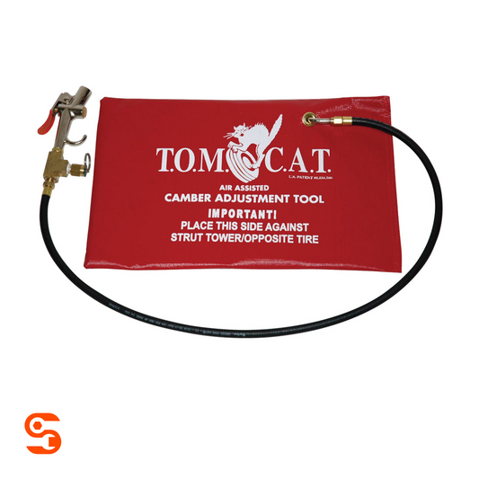 TOMCAT air assisted camber adjustment tool with red pad, black hose, brass fitting, and metal air valve