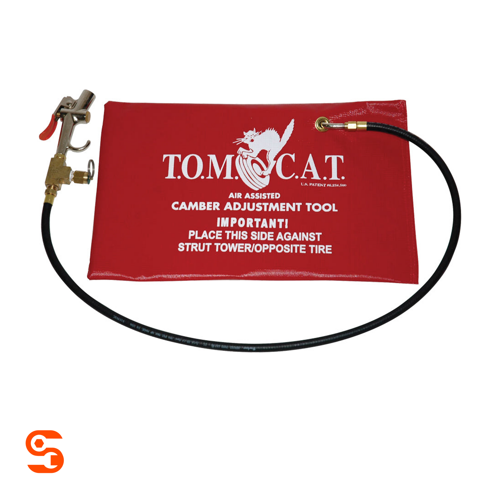 TOMCAT air assisted camber adjustment tool with red pad, black hose, brass fitting, and metal air valve