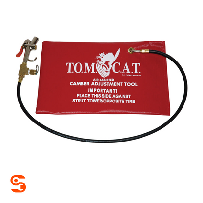TOMCAT air assisted camber adjustment tool with red pad, black hose, brass fitting, and metal air valve